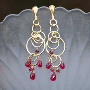 New Long Circles Ruby Earrings Handcrafted in 14K Yellow Gold Vermeil